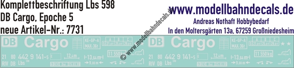 "Nass-Schiebebilder: Güterwagen-Komplettbeschriftung Lbs 598 DB-Cargo, Epoche 5. Artikel-Nummer: 7731"