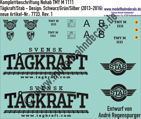 Nass-Schiebebilder: Lok-Komplettbeschriftung Nohab TMY M 1111 Tågkraft/Stab - Design: Schwarz/Grün/Silber (2013-2016). Artikel-Nummer: 7733