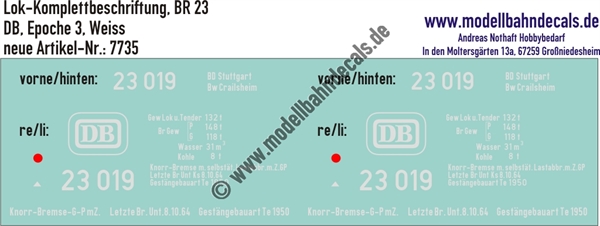 "Nass-Schiebebilder: Lok-Komplettbeschriftung BR 23, DB, Epoche 3. Artikel-Nummer: 7735"