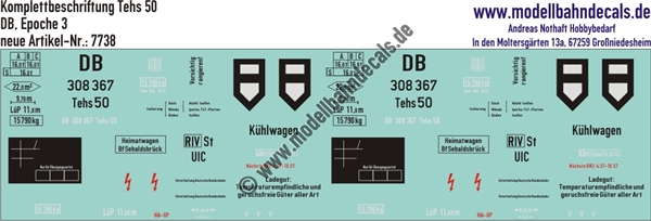 "Nass-Schiebebilder: Güterwagen-Komplettbeschriftung Kühlwagen Tehs 50, DB, Epoche 3. Artikel-Nummer: 7738"