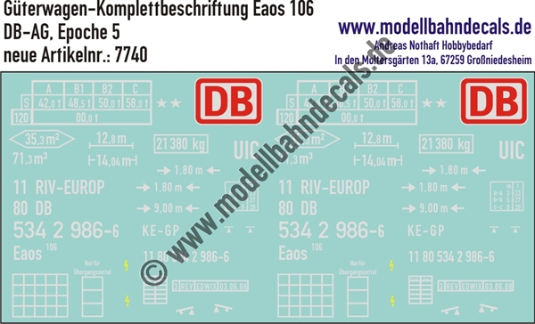 "Nass-Schiebebilder: Güterwagen-Komplettbeschriftung Eaos 106 - DB-AG, Epoche 5. Artikel-Nummer: 7740"
