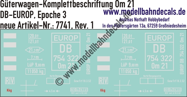 "Nass-Schiebebilder: Güterwagen-Komplettbeschriftung Om 21, DB-EUROP, Epoche 3. Artikel-Nummer: 7741"