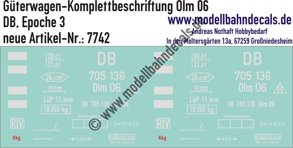 "Nass-Schiebebilder: Güterwagen-Komplettbeschriftung Olm 06, DB, Epoche 3. Artikel-Nummer: 7742"