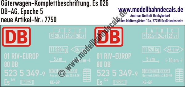 "Nass-Schiebebilder: Güterwagen-Komplettbeschriftung Es 026, DB-AG, Epoche 5. Artikel-Nummer: 7750"