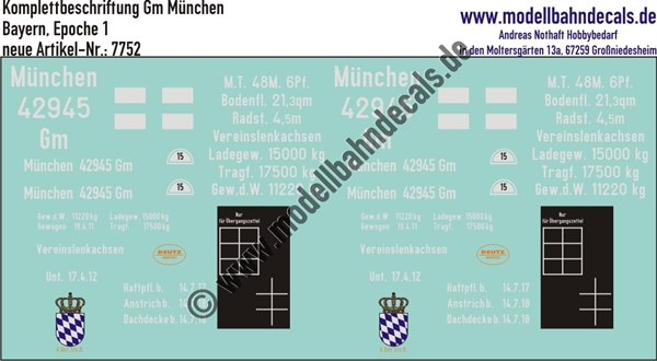 "Nass-Schiebebilder: Güterwagen-Komplettbeschriftung Gm München, Bayern (Königlich Bayerische Staatsbahn), Epoche 1. Artikel-Nummer: 7752"