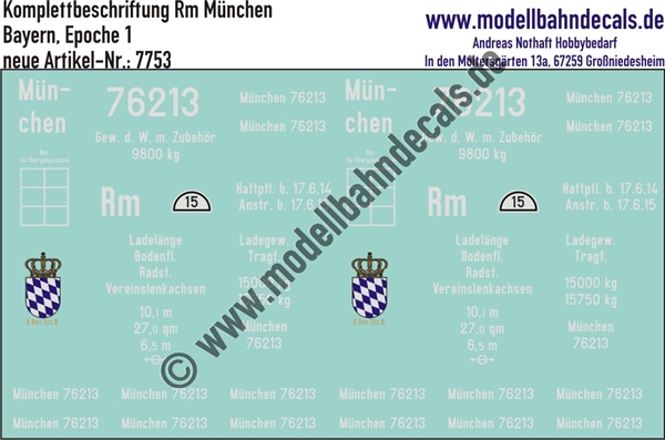"Nass-Schiebebilder: Güterwagen-Komplettbeschriftung Rm München, Bayern (Königlich Bayerische Staatsbahn), Epoche 1. Artikel-Nummer: 7753"