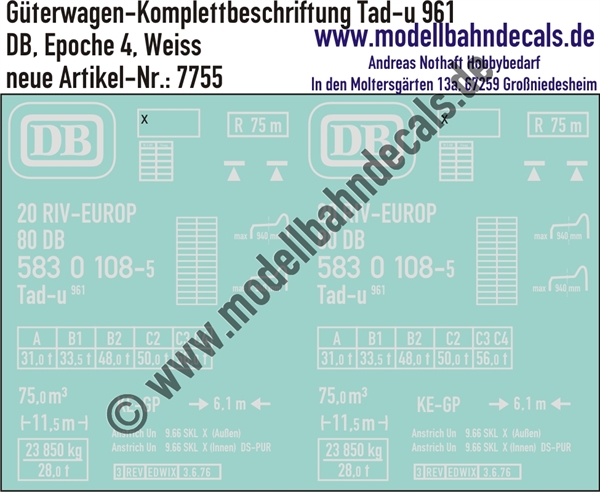 "Nass-Schiebebilder: Güterwagen-Komplettbeschriftung Tad-u 961, DB, Epoche 4. Artikel-Nummer: 7755"