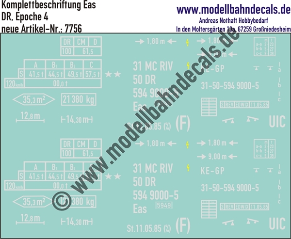 "Nass-Schiebebilder: Güterwagen Komplettbeschriftung Eas 5949, DR, Epoche 4. Artikel-Nummer: 7756"