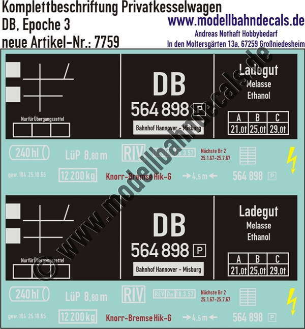 "Nass-Schiebebilder: Kesselwagen Komplettbeschriftungen DB 240 hl für Melasse/Ethanol, DB, Epoche 3. Artikel-Nummer: 7759"