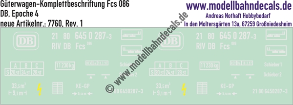 "Nass-Schiebebilder: Güterwagen-Komplettbeschriftung Fcs 086 - DB, Epoche 4. Artikel-Nummer: 7760"
