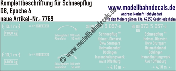 "Nass-Schiebebilder: Komplettbeschriftung für Schneepflug 864, DB, Epoche 4. Artikel-Nummer: 7769"