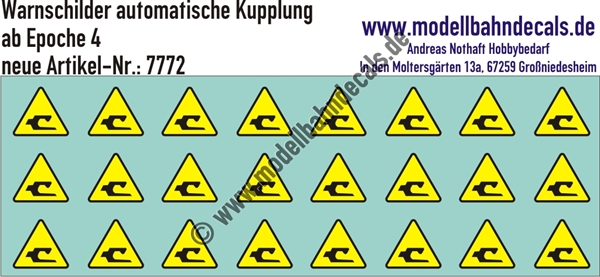 Nass-Schiebebilder: Warnschilder automatische Kupplung Schwarz auf Gelb. Artikel-Nummer: 7772