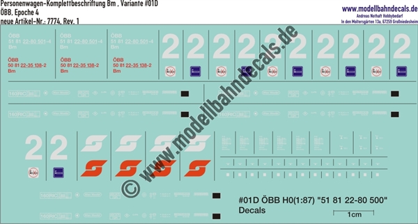Nass-Schiebebilder: Personenwagen-Komplettbeschriftung für zwei UIC-X Vorläuferwagen der ÖBB 2. Klasse erste Bauserie. Artikel-Nummer: 7774