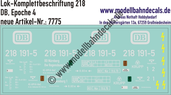 "Nass-Schiebebilder: Lok-Komplettbeschriftung für BR 218, DB, Epoche 4. Artikel-Nummer: 7775"