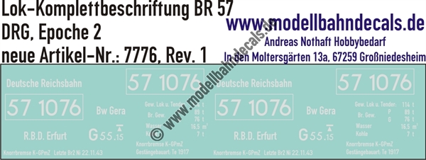 "Nass-Schiebebilder: Lok-Komplettbeschriftung für BR 57, DRG, Epoche 2. Artikel-Nummer: 7776"