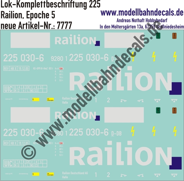 "Nass-Schiebebilder: Lok-Komplettbeschriftung für BR 225, Railion, Epoche 5. Artikel-Nummer: 7777"