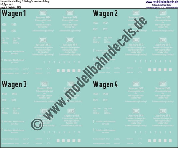 Nass-Schiebebilder: Komplettbeschriftung für 4 Wagen des Schörling-Schienenschleifzuges, DB, Eoche 3, Artikel-Nummer: 7778