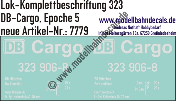 "Nass-Schiebebilder: Lok-Komplettbeschriftung für BR 323, DB-Cargo, Epoche 5. Artikel-Nummer: 7779"