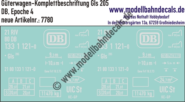 "Nass-Schiebebilder: Güterwagen-Komplettbeschriftung Gls 205, DB, Epoche 4. Artikel-Nummer: 7780"