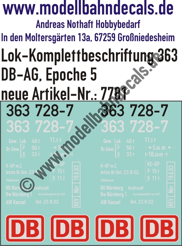 "Nass-Schiebebilder: Lok-Komplettbeschriftung für BR 363, DB-AG, Epoche 5. Artikel-Nummer: 7781"