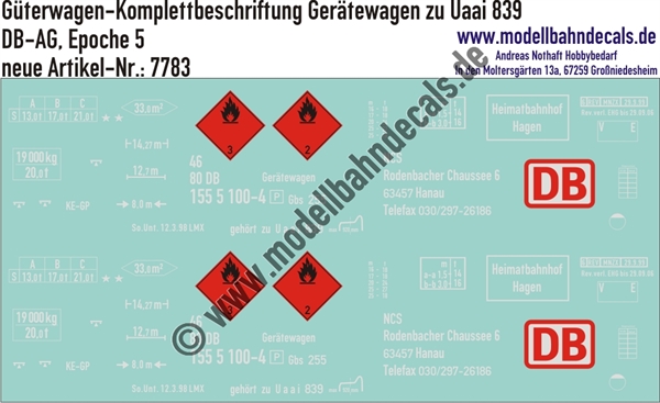 "Nass-Schiebebilder: Güterwagen-Komplettbeschriftung Gerätewagen zu Uaai 819, DB-AG, Epoche 5. Artikel-Nummer: 7783"