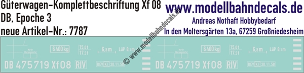 "Nass-Schiebebilder: Güterwagen-Komplettbeschriftung für Xf 08, DB, Epoche 3. Artikel-Nummer: 7787"