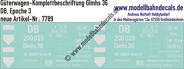 "Nass-Schiebebilder: Güterwagen-Komplettbeschriftung für Glmhs 36, DB, Epoche 3. Artikel-Nummer: 7789"