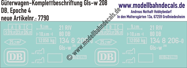 "Nass-Schiebebilder: Güterwagen-Komplettbeschriftung Gls-w 208, DB, Epoche 4. Artikel-Nummer: 7790"
