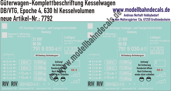 "Nass-Schiebebilder: Güterwagen-Komplettbeschriftung für Kesselwagen 630 hl, DB/VTG, Epoche 4. Artikel-Nummer: 7792"