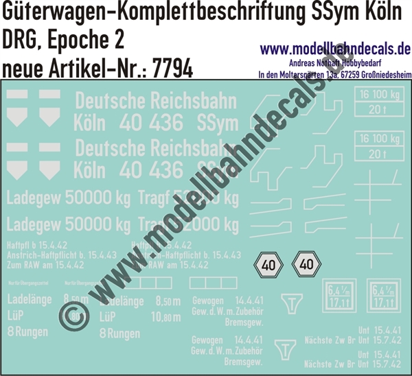 "Nass-Schiebebilder: Güterwagen-Komplettbeschriftung für SSym Köln, DRG, Epoche 2. Artikel-Nummer: 7794"
