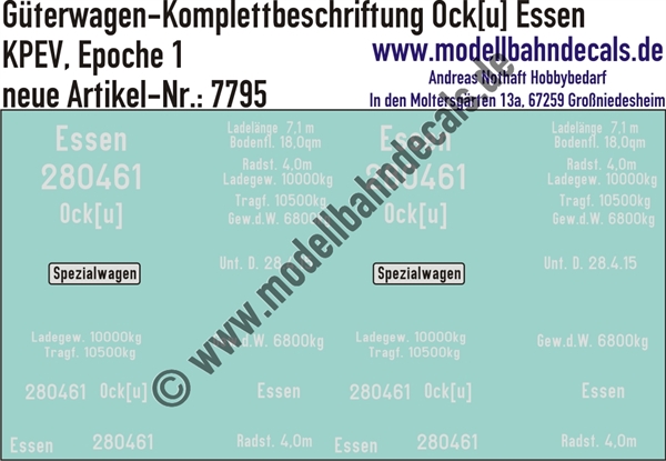 Nass-Schiebebilder: Güterwagen-Komplettbeschriftung für Ock[u] Essen, KPEV, Epoche 2. Artikel-Nummer: 7795