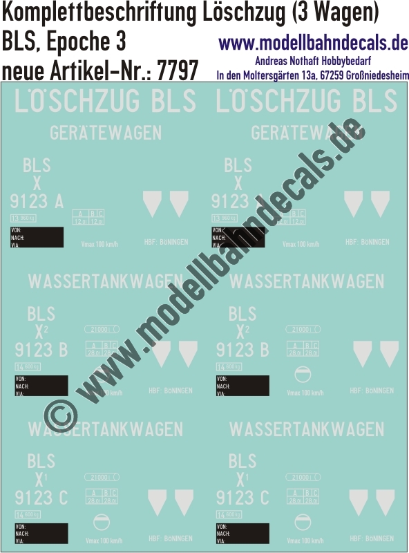 "Nass-Schiebebilder: Komplettbeschriftung für Löschzug (3 Wagen) der BLS, Epoche 3. Artikel-Nummer: 7797"