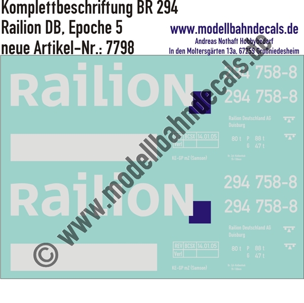 "Nass-Schiebebilder: Lok-Komplettbeschriftung für BR 294, Railion (DB), Epoche 5. Artikel-Nummer: 7798"