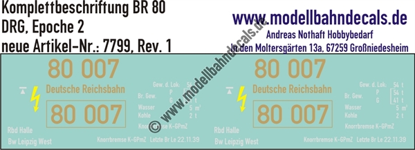 "Nass-Schiebebilder: Lok-Komplettbeschriftung für BR 80, DRG, Epoche 2 . Artikel-Nummer: 7799"
