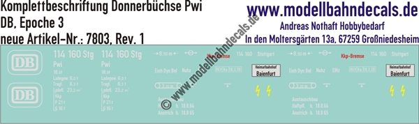"Nass-Schiebebilder: Personenwagen-Komplettbeschriftung für Donnerbüchse Pwi, DB, Epoche 3. Artikel-Nummer: 7803"