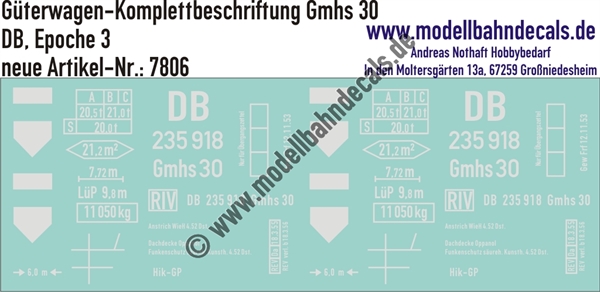 "Nass-Schiebebilder: Güterwagen-Komplettbeschriftung Gmhs 30, DB, Epoche 3. Artikel-Nummer: 7806"