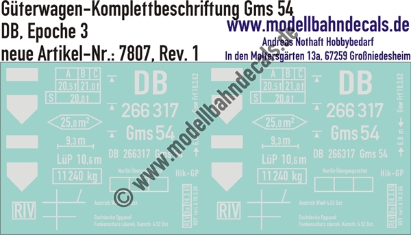 "Nass-Schiebebilder: Güterwagen-Komplettbeschriftung Gms 54, DB, Epoche 3. Artikel-Nummer: 7807"
