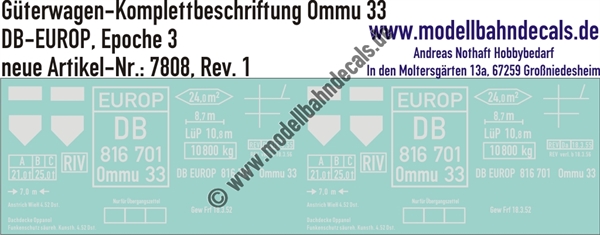 "Nass-Schiebebilder: Güterwagen-Komplettbeschriftung Ommu 33, DB-EUROP, Epoche 3. Artikel-Nummer: 7808"