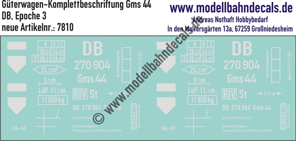"Nass-Schiebebilder: Güterwagen-Komplettbeschriftung Gms 44, DB, Epoche 3. Artikel-Nummer: 7810"