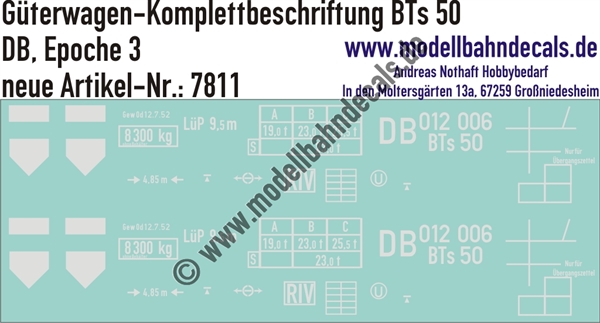 "Nass-Schiebebilder: Güterwagen-Komplettbeschriftung BTs 50, DB, Epoche 3. Artikel-Nummer: 7811"