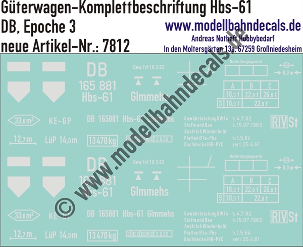 "Nass-Schiebebilder: Güterwagen-Komplettbeschriftung Hbs-61 (Glllmhs), DB, Epoche 3. Artikel-Nummer: 7812"