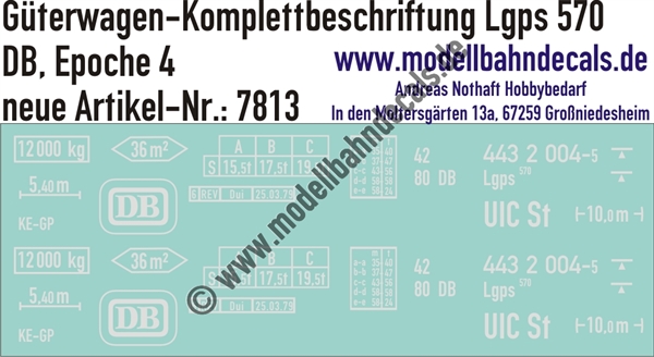 "Nass-Schiebebilder: Güterwagen-Komplettbeschriftung Lgps 570, DB, Epoche 4. Artikel-Nummer: 7813"