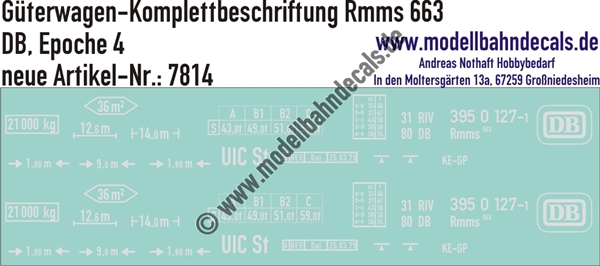 "Nass-Schiebebilder: Güterwagen-Komplettbeschriftung Rmms 663, DB, Epoche 4. Artikel-Nummer: 7814"
