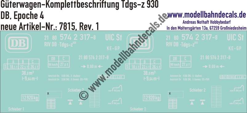 "Nass-Schiebebilder: Güterwagen-Komplettbeschriftung Tdgs-z 930, DB, Epoche 4. Artikel-Nummer: 7815"