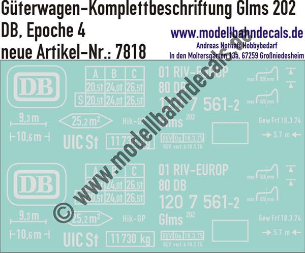 "Nass-Schiebebilder: Güterwagen-Komplettbeschriftung Glms 202, DB, Epoche 4. Artikel-Nummer: 7818"