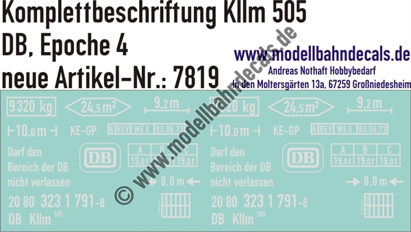 "Nass-Schiebebilder: Güterwagen-Komplettbeschriftung Kllm 505, DB, Epoche 4. Artikel-Nummer: 7819"