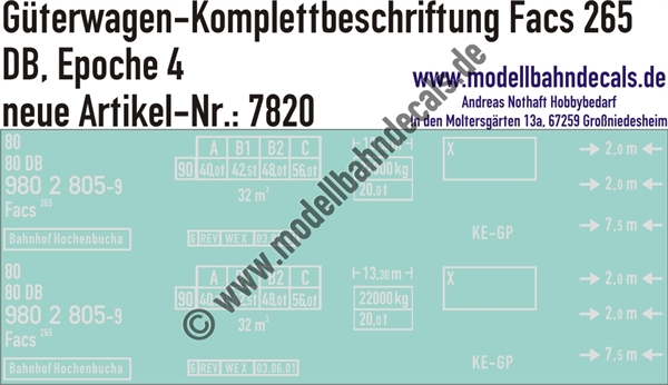 "Nass-Schiebebilder: Güterwagen-Komplettbeschriftung Facs 265, DB, Epoche 4. Artikel-Nummer: 7820"