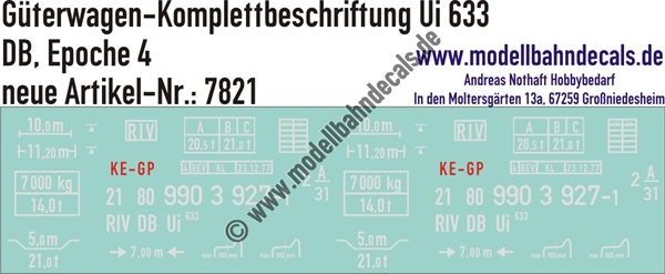 "Nass-Schiebebilder: Güterwagen-Komplettbeschriftung Ui 633, DB, Epoche 4. Artikel-Nummer: 7821"