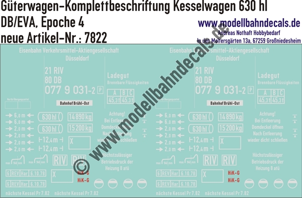 "Nass-Schiebebilder: Güterwagen-Komplettbeschriftung Kesselwagen 630 hl, DB/EVA, Epoche 4. Artikel-Nummer: 7822"