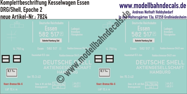 "Nass-Schiebebilder: Güterwagen-Komplettbeschriftung Kesselwagen Essen, DRG/Shell, Epoche 2. Artikel-Nummer: 7824"